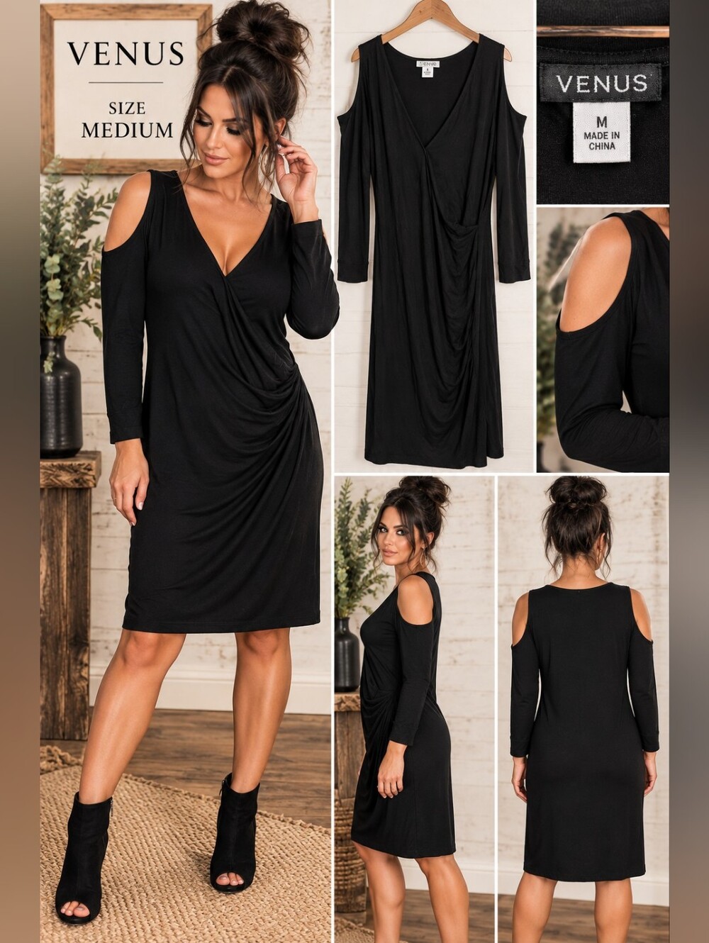 VENUS Black Cold-Shoulder Wrap-Style Long Sleeve Dress